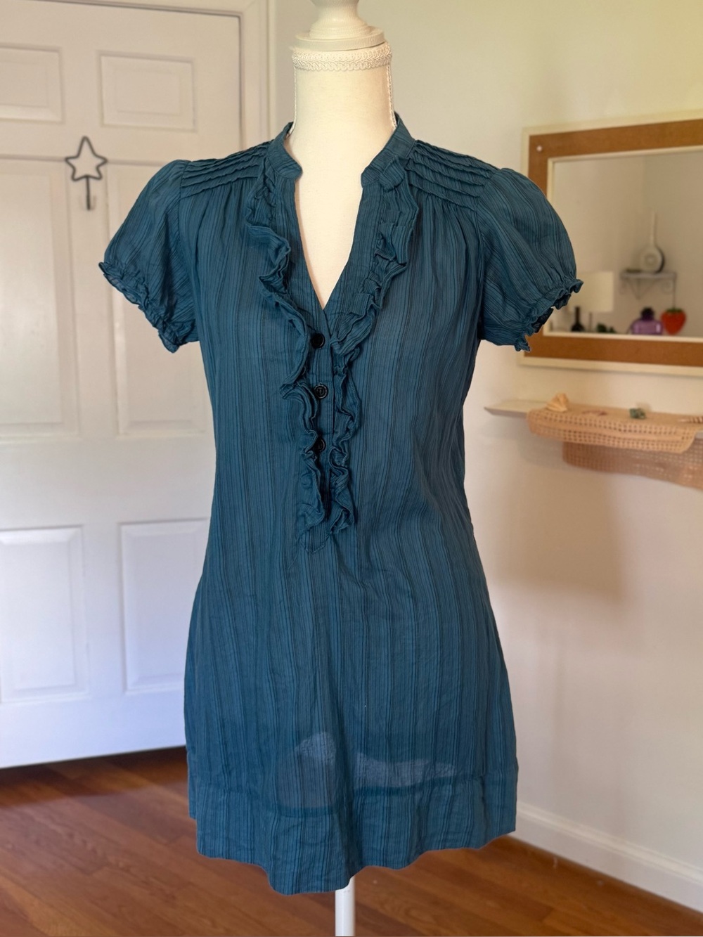 F.A.N.G Vintage Y2K Ruffled Pintuck Puff Sleeve Teal Blue Blouse Tunic Sz Medium